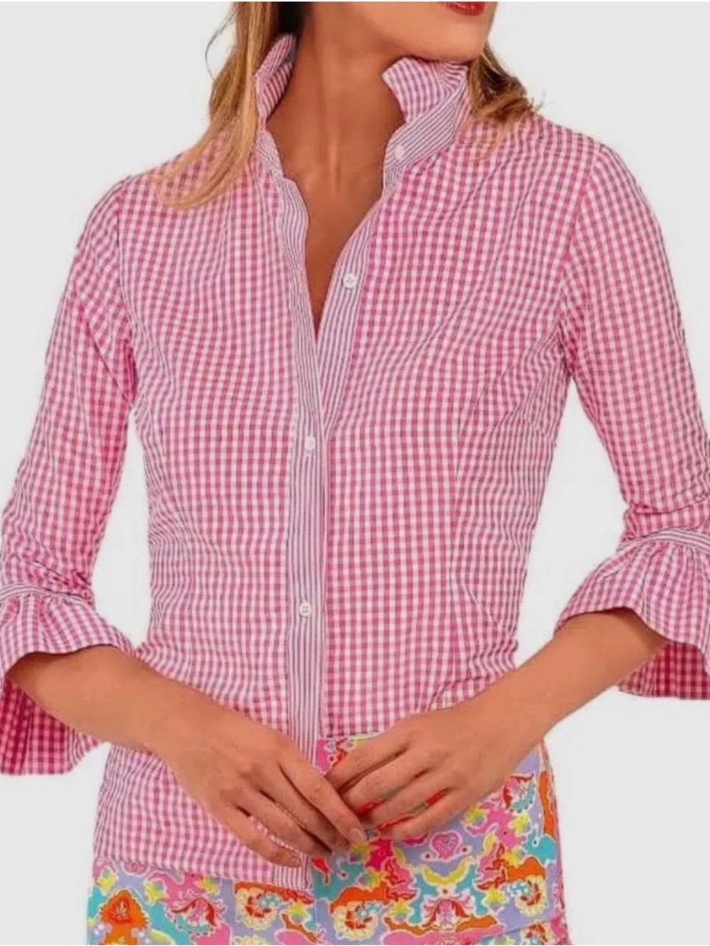 Gretchen Scott -Women's Pink Gingham Button-Down Top Size XL